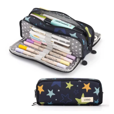 Bolsa porta-canetas escolar de poliéster Bolsa multifuncional para lápis com zíper e papelaria